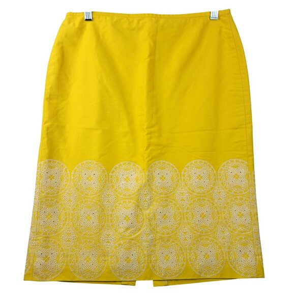 Black Label Talbots Lined Yellow Cotton Pencil Skirt White Embroidery Zip Sz 4 - Picture 1 of 9